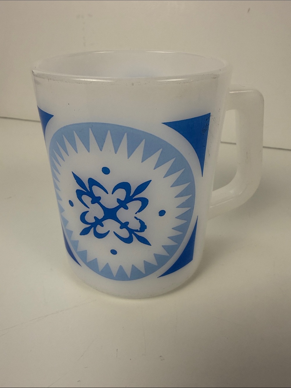 Vintage Federal White Milk Glass Mug with Blue Geometric Pattern